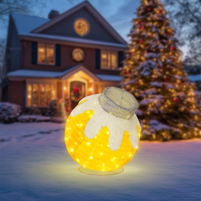 BRIGHTDECK Outdoor Christmas Ornaments, Lighted Pop-Up Outdoor Holiday Ball Decoration with 80 LED Lights, 8 Light Modes, Lighted Collapsible Holiday Decorations for Yard, Home (Yellow)