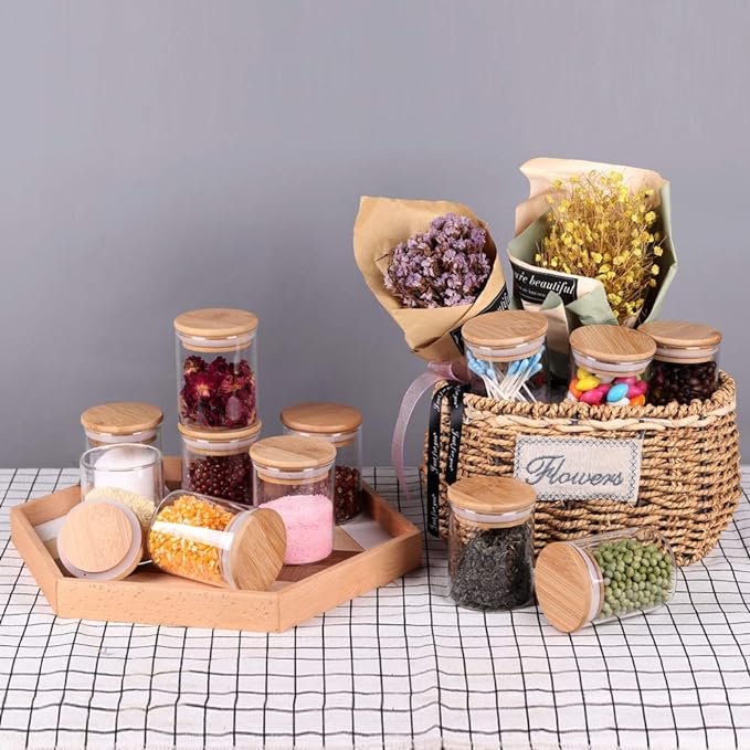 Glass Jars Set,Upgrade Spice Jars with Wood Airtight Lids and Labels, 6oz 12 Piece Small Food Storage Containers for Home Kitchen, Tea, Herbs, Sugar, Salt, Coffee, Flour, Herbs, Grains…