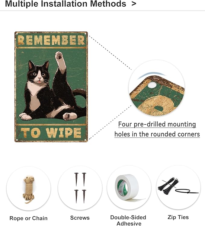 ALKB Bathroom Tuxedo Cat Sign - Remember to Wipe - Cat Lover Gift 8x12 Inch Vintage Metal Sign for Bathroom Decorations