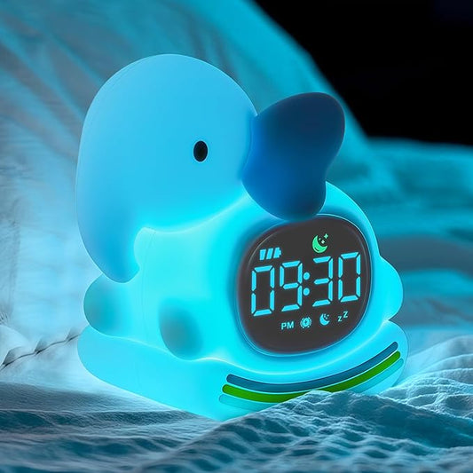 Alarm Clock for Kids with Night Light, Sleep Training Clock Time to Wake Clock, Rechargeable Silicone Light for Bedroom, Perfect Sleep Companion for Boys Girls,Blue Elephant