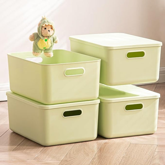 4 pack large plastic White storage bins Baskets, Toy Box Chest with Lids and Handle,Organizer Containers for Baby,Kids,snacks,Nursery,Shelves,Playroom, Bedroom,Office,Closet,home