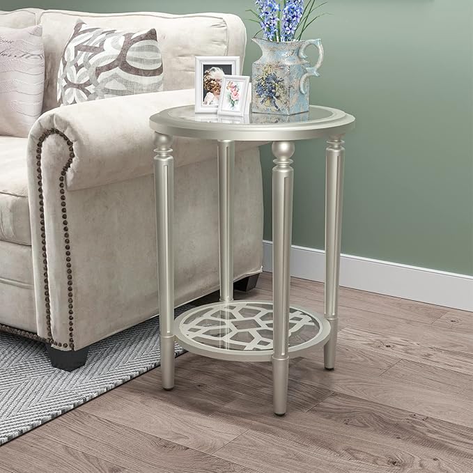 COSIEST Round Side Table, End Table Glass with Wood Frame, Champagne Gold Bedside Table with Modern Style for Living Room, Balcony, Bedroom