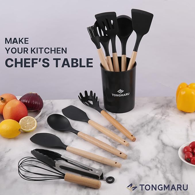 Silicone Cooking Utensils Set, Premium Beech Wood Handle Kitchen Gadgets Utensil Set, Non-Stick Kitchen Utensils Spatula, Tongs, Turner, Whisk, Brush, Spoon, BPA FREE, 446°F Resistant (Black)