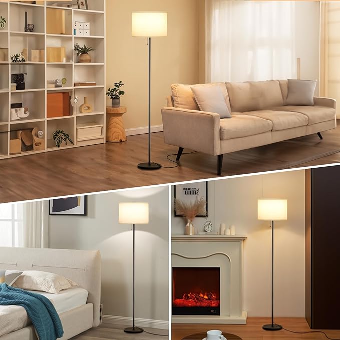 Ambimall Floor Lamps for Living Room with 3 Color Temperatures Bulb & Pull Chain Switch, 60" Modern Standing Floor Lamp for Bedroom Kids Room Study Room(Dark Beige Shade & Black Pole)