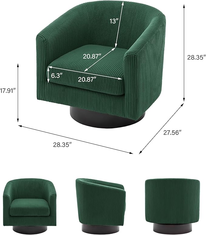 Swivel Barrel Accent Chair, Modern Round Corduroy Fabric Arm Chair for Living Room, Bedroom, Comfy Club Reading Chairs for Adults (Corduroy Dark Green, Set of 2)