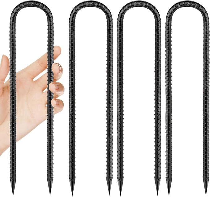 Rebar-Stakes-12-Inch, Ground Stakes Heavy Duty U-Hook Black Coated Anti-Rust Heavy Duty Ground Anchors for Garden Dog Fence Chicken Coop Christmas Decorations Deer Fence 4pcs