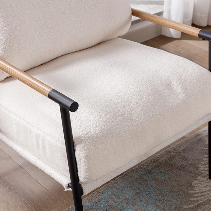 Mid-Century Accent Chair, Soft Armchair Sherpa Fabric Lounge Chair with Black Metal Legs, Upholstered Leisure Chair for Living Room Bedroom Reception Room, 1PC, White