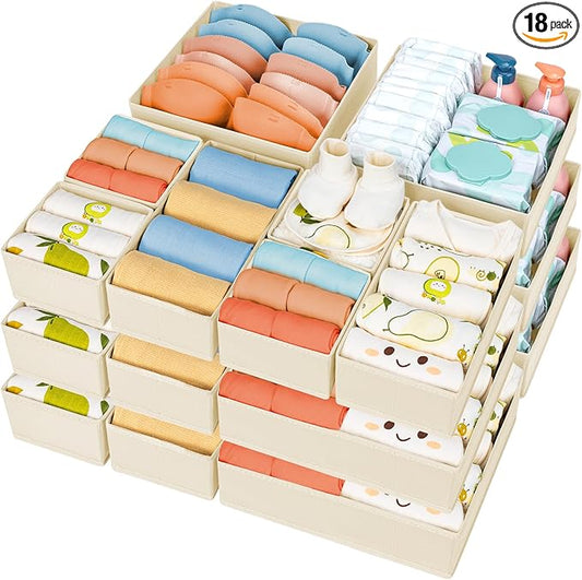 DIMJ Drawer Organizer Clothes 18 Pack - Foldable Baby Organizers and Storage & Dresser Organizer for Bedroom, Closet - Nursery Organization Dresser Dividers for underwear, Sock,Bra, Belt, Tie, Beige