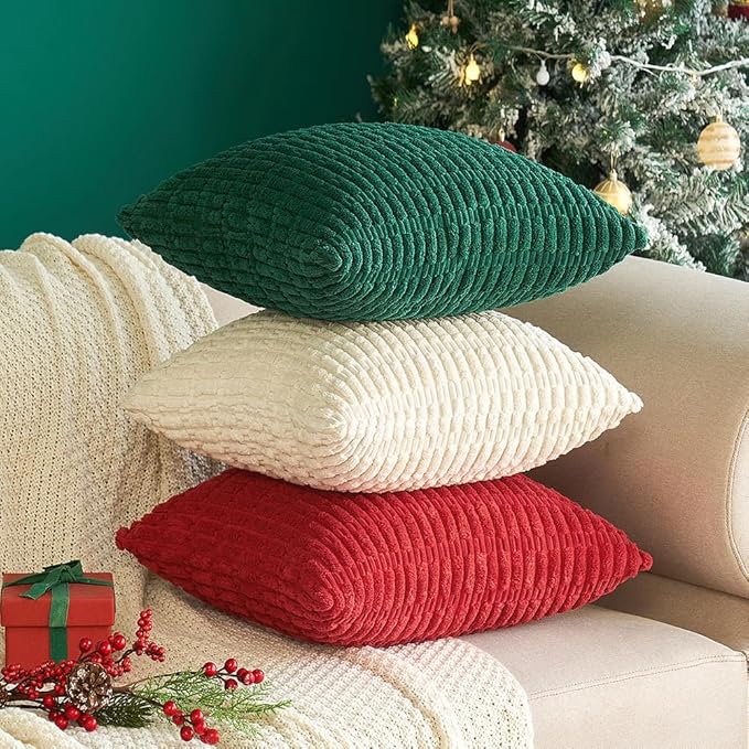 MIULEE Pack of 2 Christmas Red Corduroy Decorative Pillow Covers 20x20 Inch Soft Boho Striped Throw Pillow Covers Modern Farmhouse Home Decor for Sofa Living Room Couch Bed