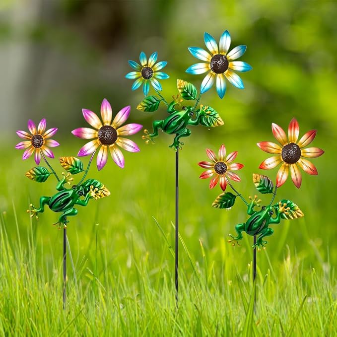 3 Pack Frog&Flowers Garden Stakes Decor,Metal Yard Art Decorative Garden Stakes,Metal Flowers Spring Outdoor Decor for Mom,Women,Grandma