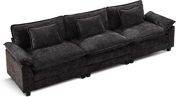 URRED Modular Sectional Sofa Comfy Cloud Couch, Modern Chenille Sofa Sleeper Deep Seat Couches with Ottoman/Pillows for Living Room (Black, 117'')