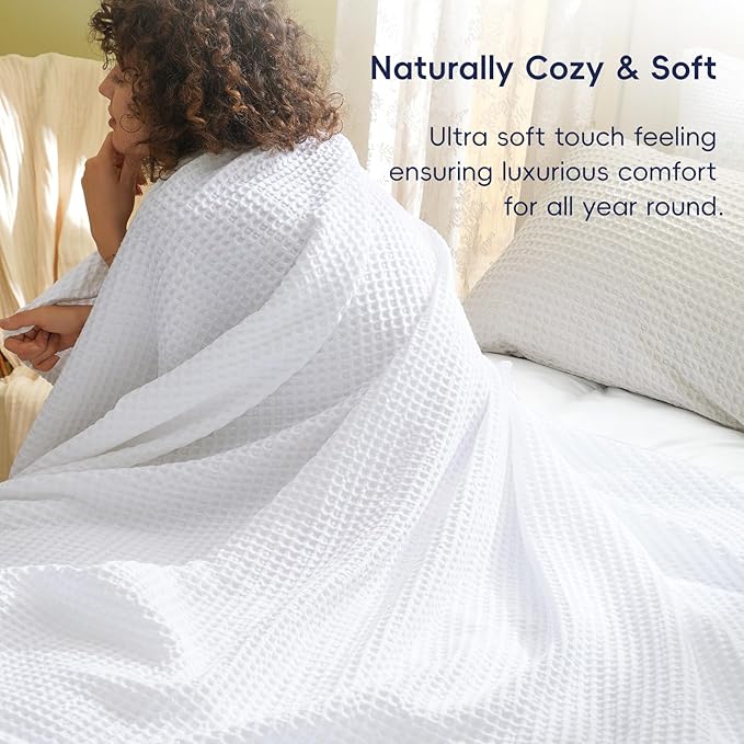 PHF Ultra Soft Waffle Weave Blanket Queen Size 90"x 90"- Washed Lightweight Breathable Cozy Woven Blanket for Bed - Aesthetic Decor for Couch Bedding Sofa Home Car - White