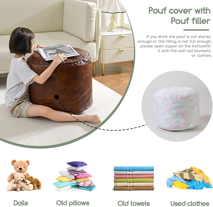 HIGOGOGO Round Stuffed Pouf Ottoman, Pu Leather Poufs with Foam Chunk Filling, Furry and Fluffy Pouf Foot Stool Storage Ottoman, 20 X 15 Floor Poufs Foot Rest for Living Room,Dark Brown