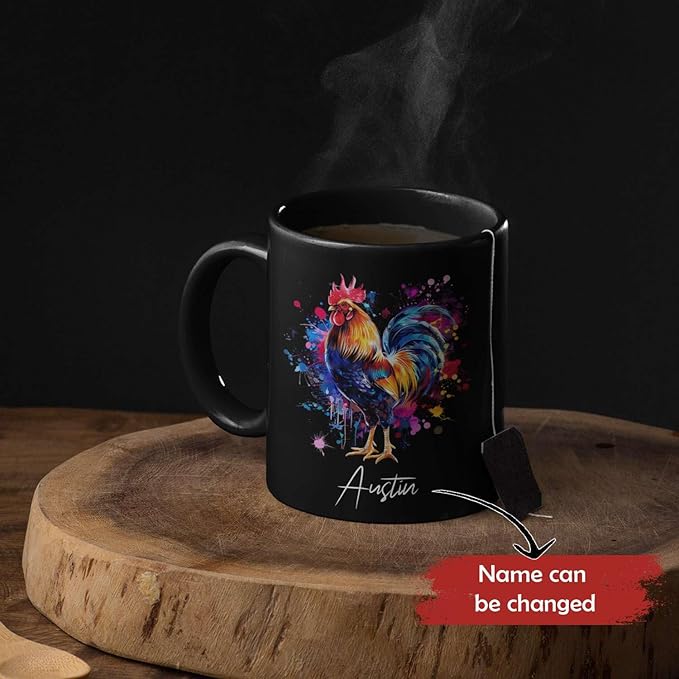 Customized Name Rooster Coffee Mug - Gift for Men Women, Personalized Black Cup, Unique Chicken Ceramic 11oz 15oz, Funny Colorful Themed