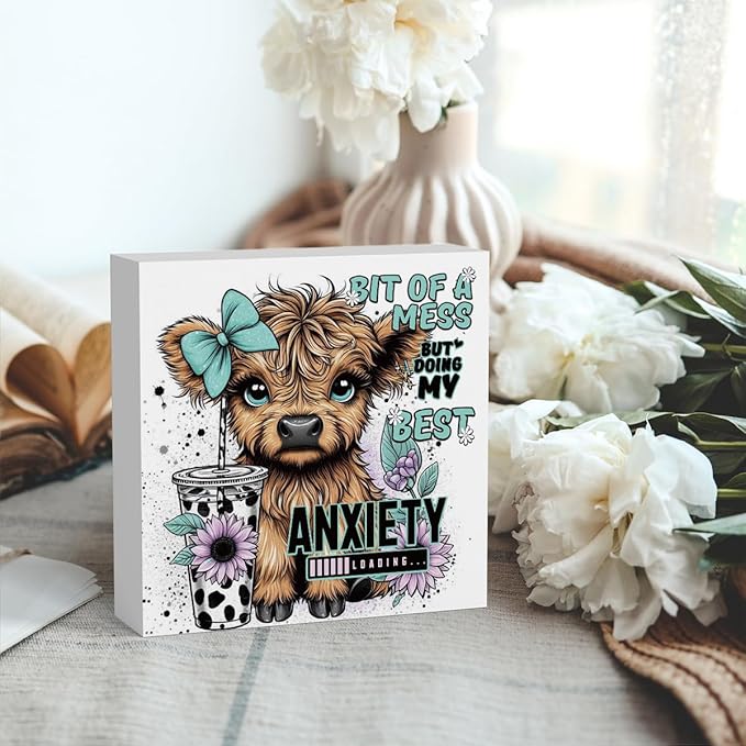 Highland Cow Western Sunflower Decor, Highland Cow Gifts for women, Highland Cow Baby Decor, Highland Cow Nursery Decor, Wooden Box Decor Sign for Home Farmhouse Office Living Room Table Shelf Tiered