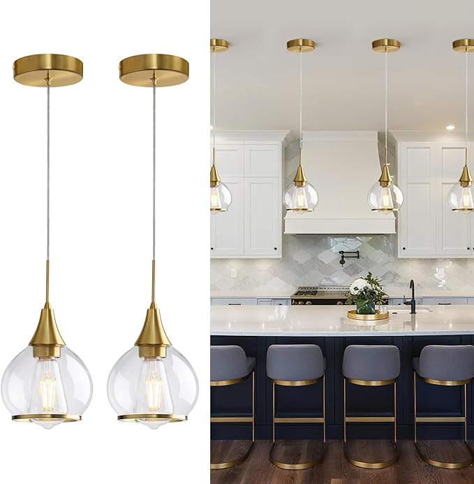 Pendant Light Fixtures Kitchen: 2 Pack Modern Gold Island Light with Clear Glass - 6 Inch Mid Century Globe Kitchen Lighting Chandeliers Ceiling for Foyer Bedroom