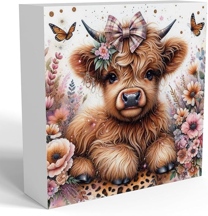 Highland Cow Baby Decor, Highland Cow Decor, Highland Cow Gifts for women, Highland Cow Nursery Decor, Gifts for Girls, Wooden Box Decor Sign for Home Farmhouse Office Living Room Table Shelf Tiered