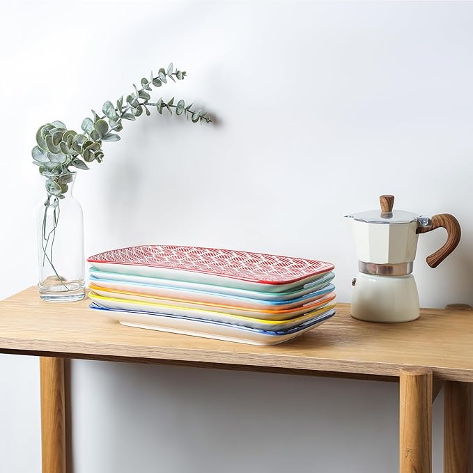 Selamica Ceramic Serving Platters, 12 Inch Serving Trays for Party Entertaining, Large Rectangular Serving Plates, Set of 6, Assorted Colors
