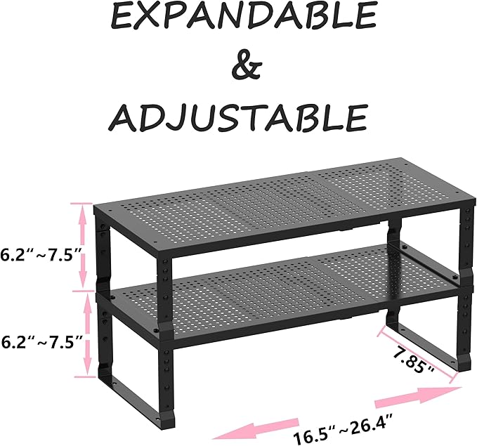 Metal Stackable Expandable Storage Shelf - Multi-Functional Home Storage Shelf, Suitable for Kitchen, Cabinet,Bathroom, Office, Garage, etc.(2PACKS/Black/Medium
