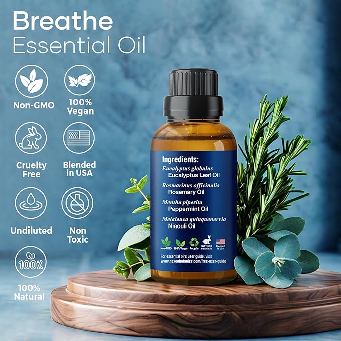 Breathe Essential Oil Blend 30 ml - Breath Sinus Relief with Menthol Oils - for Humidifiers, Diffusers, and Aromatherapy - Nexon Botanics