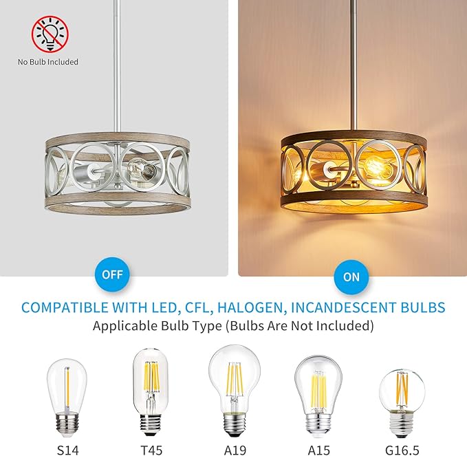 XINGQI Modern Ceiling Light Adjustable Height Pendant Lighting Fixture Brushed Nickel Wood Grain Metal 13" Rustic Round Lights for Dining Room Kitchen Bedroom Foyer Hallway