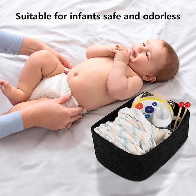 4 Pack Small Storage Shelf Baskets for Organizing, Mini Woven Rope Storage Bins for Towels, Cute Decorative Closet Organizer,Baby Nursery, Gift Empty Baskets -11.81''Lx7.87''Wx4.72''H-Black