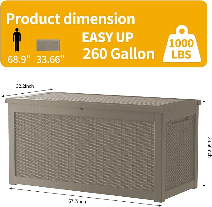 260 Gallon Double-Wall Resin Deck Box - Lockable Waterproof Outdoor Storage Box, 1000lbs Capacity & Doubles as Seating for Patio Furniture - Garden Tools, Pool Accessories (Brown)