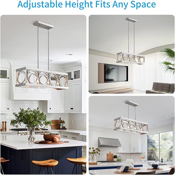 XINGQI Linear Chandelier Brushed Nickel Kitchen Island Light Fixtures 31.5" Rectangle Dining Room Chandeliers, Farmhouse Hanging Large 4-Light Rustic Metal Living Room Office Pendant Lighting