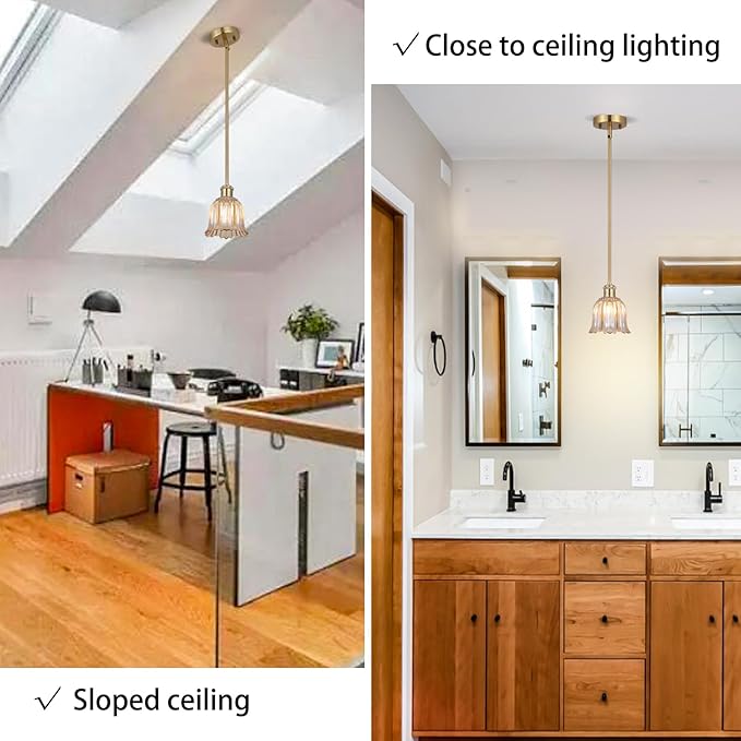 Modern Gold Pendant Light Brushed Brass Mid Century Chandelier Amber Glass Shades Adjustable Rods Farmhouse Ceiling Hanging Lighting Fixture Kitchen Island Dining Room Bedroom