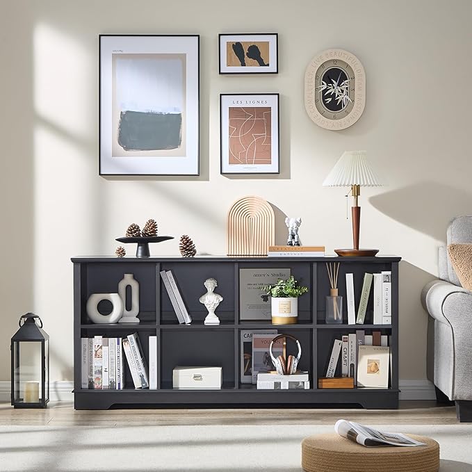 Farmhouse 8 Cube Bookshelf, Black Storage Organizer Bookcase, Kids Toy Storage Cabinet, Long Bookshelves Storage Organizer Shelf, Wood Display Cabinet Book Shelves for Bedroom,Living Room,Office