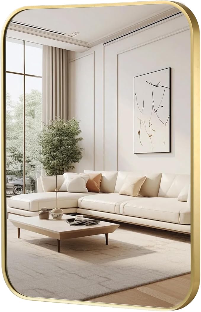 FARMER 24x36 Inch Gold Bathroom Mirror, Rectangle Vanity Mirror, Brushed Mirrors for Wall, Metal Frame Hanging Mirror with Round Corner for Bedrooms, Entryways, Living Rooms, Horizontal/Vertical