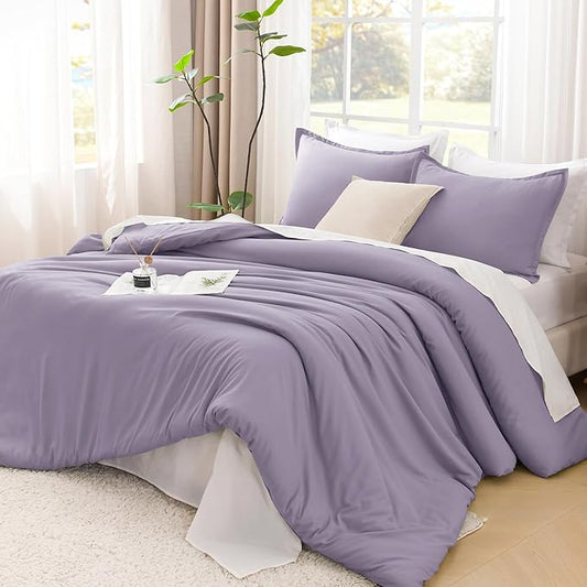Litanika Grayish Lavender Purple Comforter Set Full Size, 3 Pieces Lightweight Solid Bedding Comforter Set, All Season Fluffy Bed Set (79x90In Comforter & 2 Pillowcases)