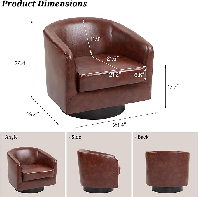 Swivel Barrel Accent Chair, Modern Round Faux Leather Arm Chair for Living Room, Bedroom, Comfy Club Reading Chairs for Adults(Faux Leather, Red Brown, Set of 1)