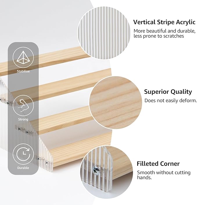 nianfeng Tiered Spice Rack, 4-Tier Spice Pantry Kitchen Cabinet Organizer, 12-Inch, Natural Wood Acrylic Stair Riser Stand, Countertop Seasoning Shelf