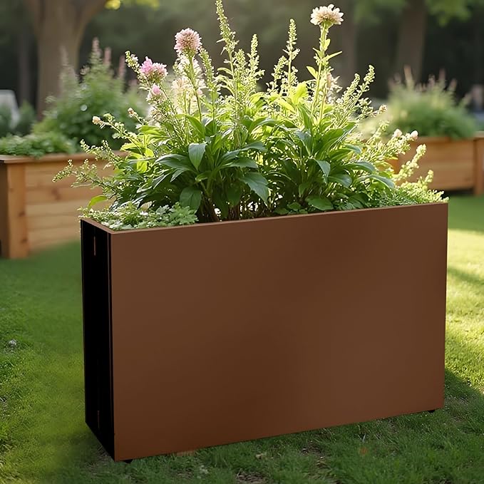 Galvanized Steel Planter Box-No Installation Required Metal Rectangular Block Long Box Planter Modern Outdoor Planters All-Weather Use with Drainage Holes for Patio/Porch, 36×24×12IN(Brown)