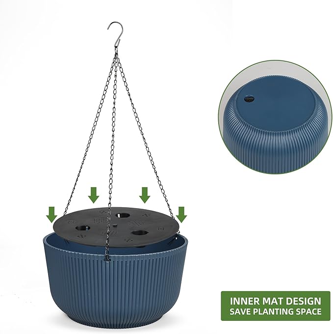 Dexceder 9.8 Inch Self Watering Hanging Planters Indoor Outdoor, Thickened Hanging Basket Flower Plant Pot (2 Pack, Deep Blue)