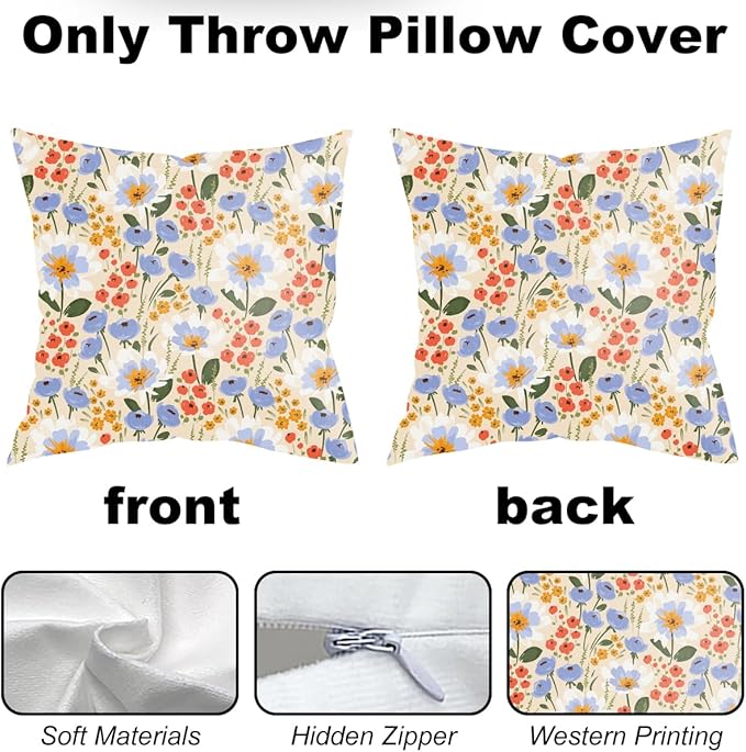 2 Pack Retro Cute Wildflowers Decor Throw Pillow Covers, 18x18 Pillow Cover, Decorative Couch Pillow Covers Flower Decor Pillowcase for Sofa Cushion Sofa Home Bedroom Bed Office Car Seat Living Room