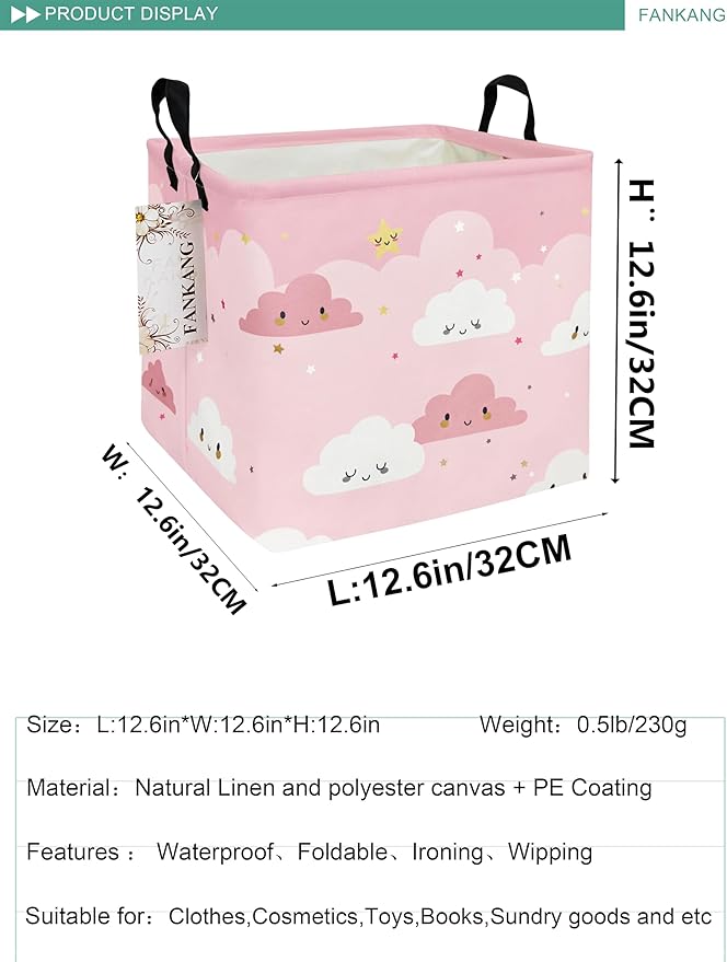 FANKANG Square Nursery Hamper Storage Bins Canvas Laundry Basket Foldable with Waterproof PE Coating Storage Baskets Gift Baskets for Children, Office, Bedroom, Clothes(Square-pink cloud )