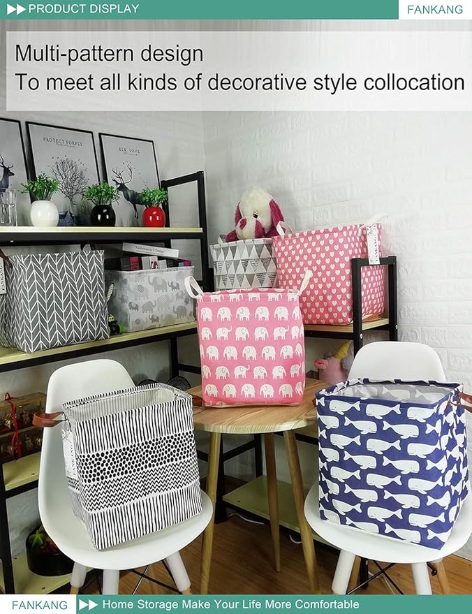 FANKANG Square Nursery Hamper Storage Bins Canvas Laundry Basket Foldable with Waterproof PE Coating Storage Baskets Gift Baskets for Children, Office, Bedroom, Clothes(Square-Black Lines )
