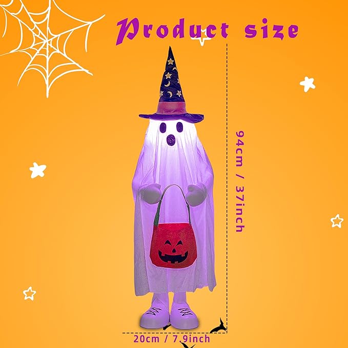 37" Cute Front Porch Light Up Halloween Ghost Décor, Kids Standing Trick or Treat Indoor and Outdoor Decorations-Star Moon