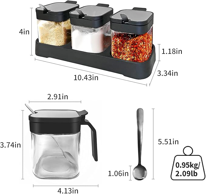 XIUDI Glass Spice Jars(3 piecesset),Seasoning Containers with 304 Stainless Steel Lids and Spoons,Clear Glass Condiment Canisters Pots Seasoning Box Salt Container Sugar Bowl,for Kitchen,