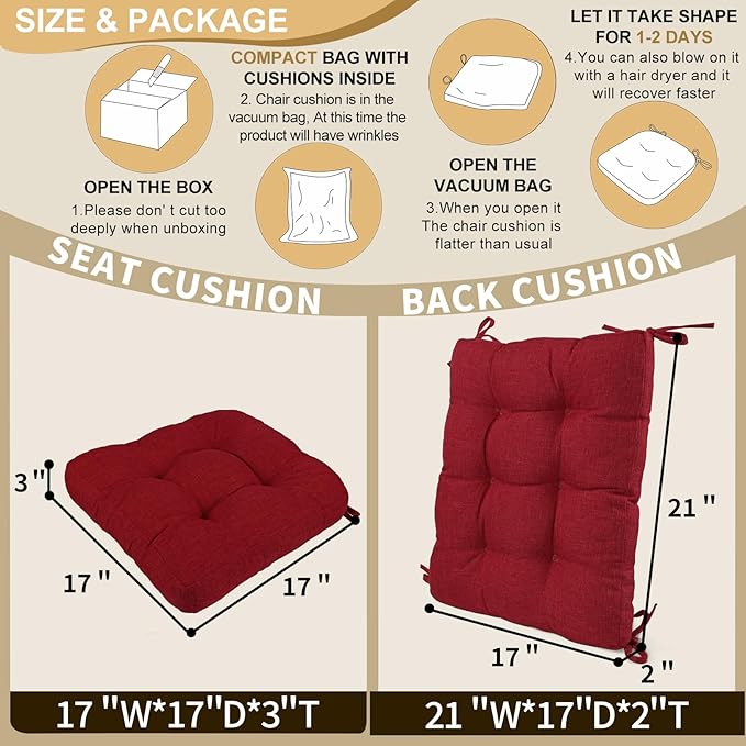 BUYUE Chair Cushion Set for Rocking Chair, Back Pillow & Seat Cushion with Ties, Original Woven Fabric Non-Slip Chair Pads for Elderly Sitting, Red