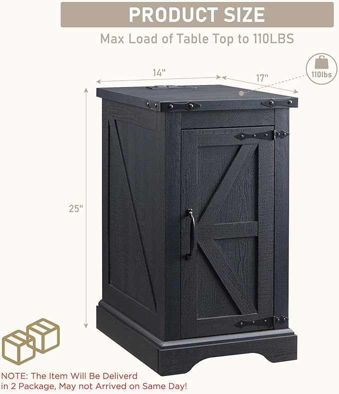 JXQTLINGMU Farmhouse Nightstand Set of 2 with Charging Station, 17" D Rectangular End Table with Barn Door & Adjustable Storage Shelf, Wood Rustic Sofa Side Table for Living Room, Bedroom, Black