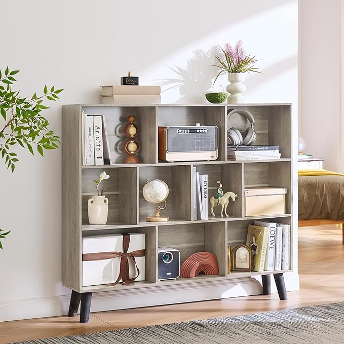 LEYAOYAO 10 Cube Bookshelf,3 Tier Modern Wide Bookcase with Legs,Mid-Century Wood Bookshelves Storage,Retro Grey Large Book Case,Freestanding Organizer Display Shelf for Bedroom,Living Room,Office