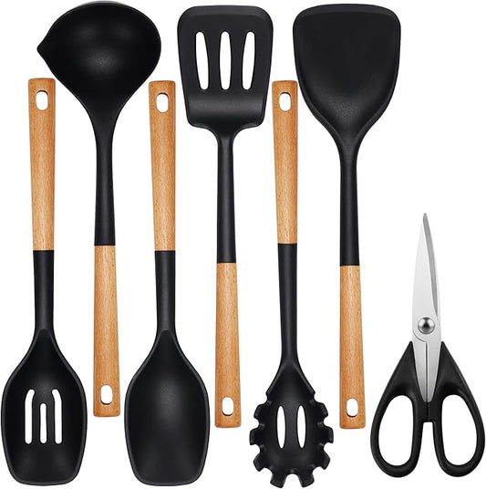 QMVESS Silicone Cooking Utensils Set, Kitchen Utensils Set 7 Pcs with Long Wooden Handle, Food Grade and Heat Resistant Large Silicone Spatula Set for Nonstick Cookware, BPA Free(Black)