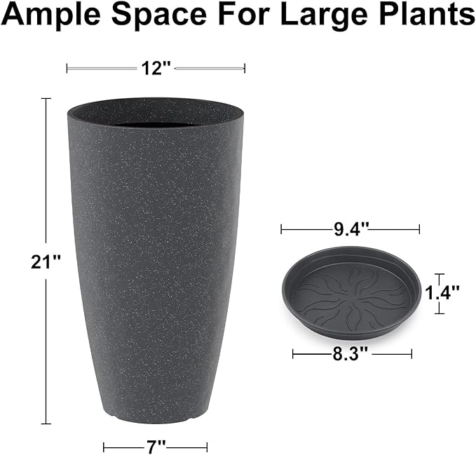 Tall Flower Pot Indoor - Outdoor Plant Pot - Black Glossy Planter - Elegant Stone Imitation - 12" Diameter 21" Tall with Drainage Holes and Saucer