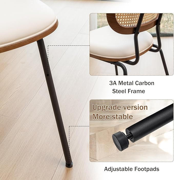 Rattan Dining Chairs Set of 4, Mid Century Modern Dining Chairs with Cane Back for Kitchen Dining Room, 19 Inch Faux Leather Beige