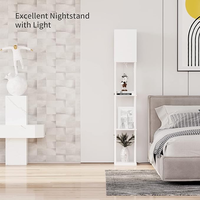 SUNMORY Shelf Floor Lamp with 3-Way Dimmable LED Bulb, Modern Square Standing Lamp with Shelves and White Shade, Corner Display Bookshelf Lamp for Living Room and Bedroom(White)