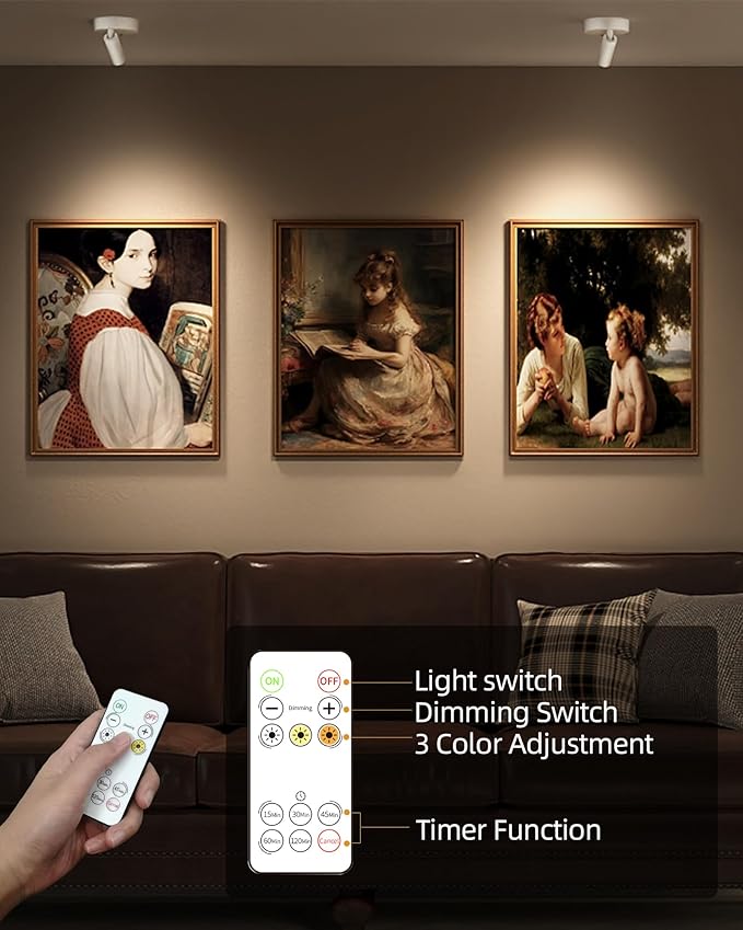 EZVALO Spot Lights Indoor,5500mAh Rechargeable Picture Lights with Remote,Wireless Mini Art Accent Spot Lights with Timer&Dimmable, 3CCT, Uplights Indoor for Plants,Display,Artwork(2Pack-White)