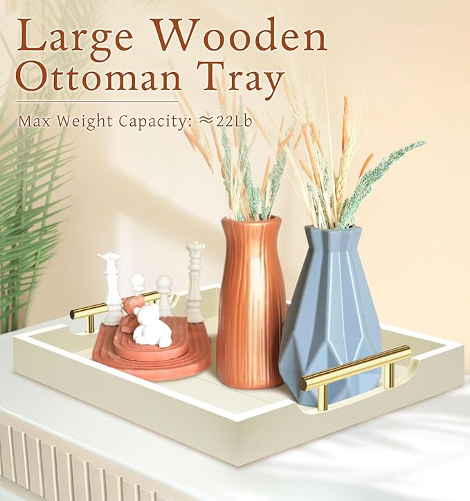 Coffee Table Tray - Large Ottoman Tray for Living Room - Wood Serving Trays with Handles(2 Sets) - Wooden Trays for Coffee Table, 4 Round Coasters Included, Off-White